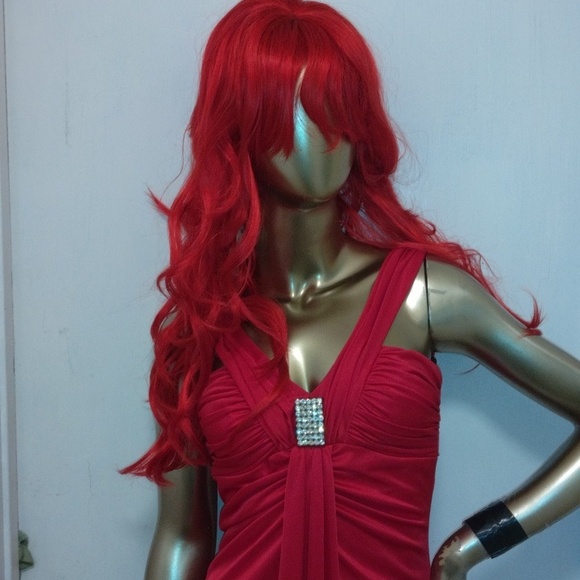 Masquerade red dress with diamond pendent in the front zips down in the back - Picture 3 of 16